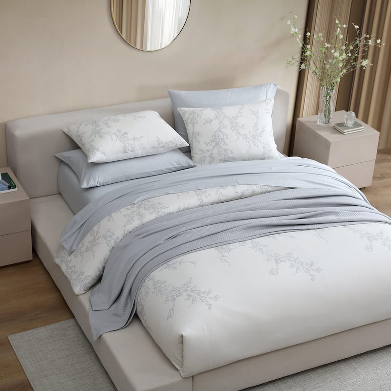 Vera Wang Trailing Vines Cotton Micro Waffle Reversible Duvet Cover Set Textured (Beige, 3 Piece)