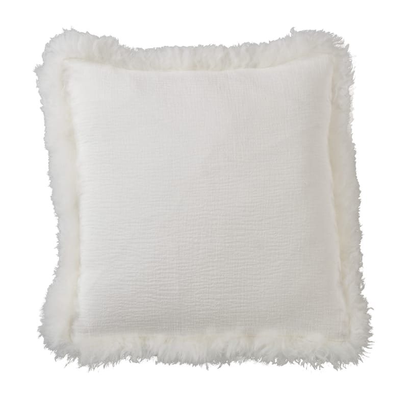 Cozy and Stylish Linen Poly Filled Throw Pillow with Plush Lamb Border - 20" x 20" - Polyester - Ivory