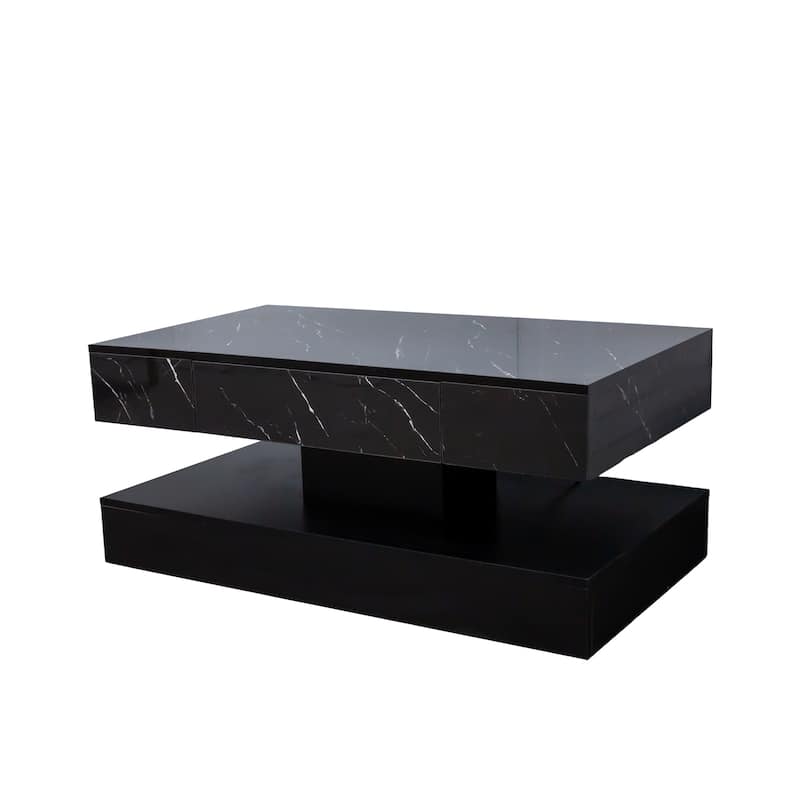 High-Glossy LED Coffee Table with 2 Drawers, Living Room Storage Tables with Marbling Print, Stylish Double-Layer Center Tables