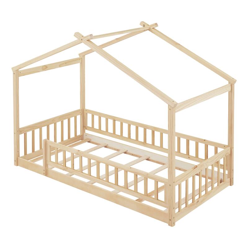 Natural Twin Size Wood House Bed Frame with Roof & Fence