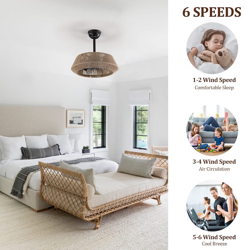 20" Boho Rope Black Caged Ceiling Fan with Dimmable Light and Remote