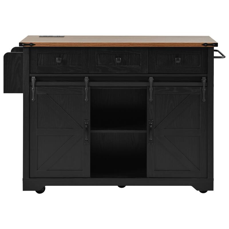 53.7'' Particle Board Farmhouse Kitchen Island with Power Outlet, Drop Leaf, Spice Rack, Rolling Wheels and Drawers