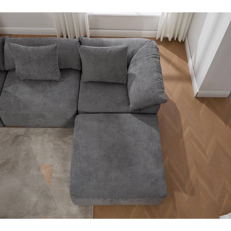 142" Chenille L-Shaped Modular Sectional Sofa with No Assembly Required, Convertible Sleeper, and Built-In Ottoman
