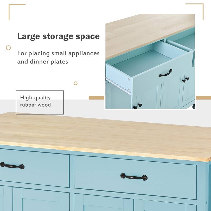 Kitchen Island Cart with Solid Wood Top and Locking Wheels, 4 Door Closed Kitchen Cabinet with Drawers and Storage Rack, Green