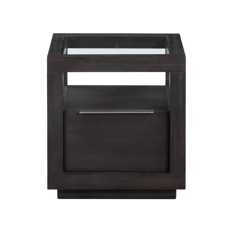Acacia Wood End Table with Glass Insert Tabletop, Gray
