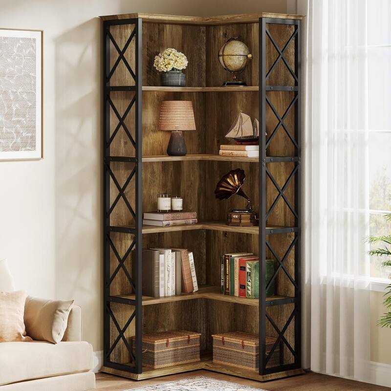 5-Tier Corner Bookshelf Bookcase, 71 Inch Tall Corner Shelf, Wood and Metal L-Shaped Display Rack with Baffle - Rustic Brown