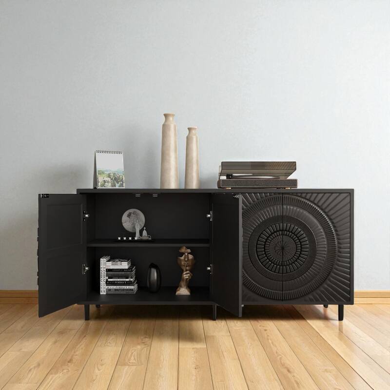 Modern Black Sideboard Buffet Cabinet with Adjustable Shelves, 4-Door Storage Accent Cabinet for Dining Room and Kitchen