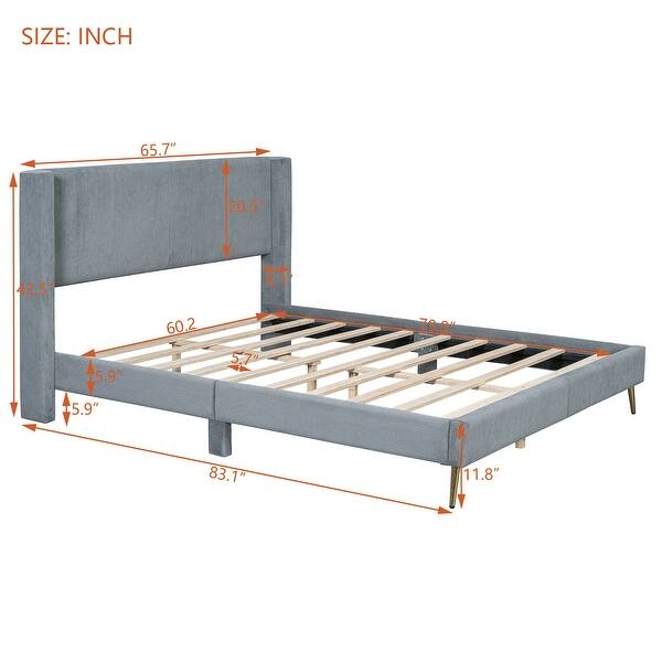 Queen Size Upholstered Platform Bed with Tufted Headboard and Metal Legs, Solid Wood Frame with Slat Support