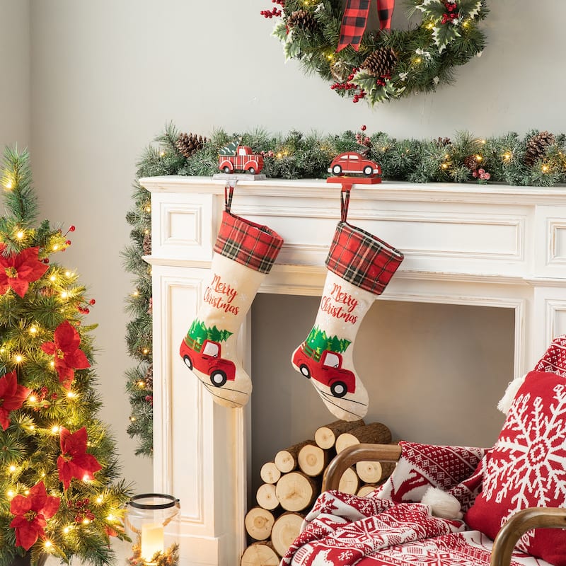 Glitzhome Christmas Dachshund Reindeer Red Car Stocking Holders Rustic Mantel Ornament