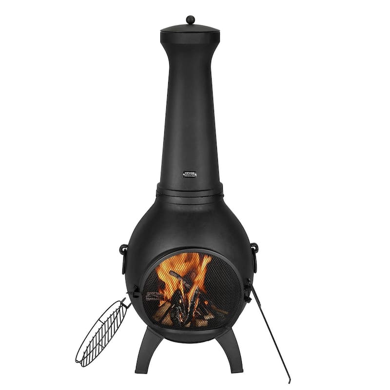Black Aluminum Spherical Chiminea with BBQ Grill and Rainproof Cover - 22 inch