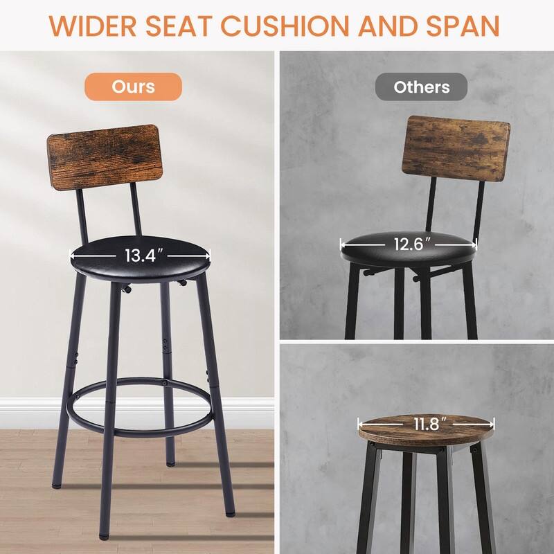 Round Bar Stool Set with Storage Shelf and Backrest - 35.43" Counter Height Stools