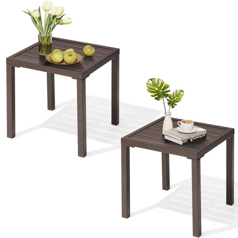 Outdoor Side Table Square Patio End Table - 2PC - Brown