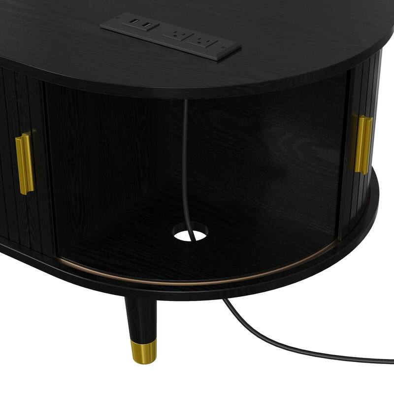 42.5"W Oval Farmhouse Coffee Table with Charging Station & Fluted Sliding Doors