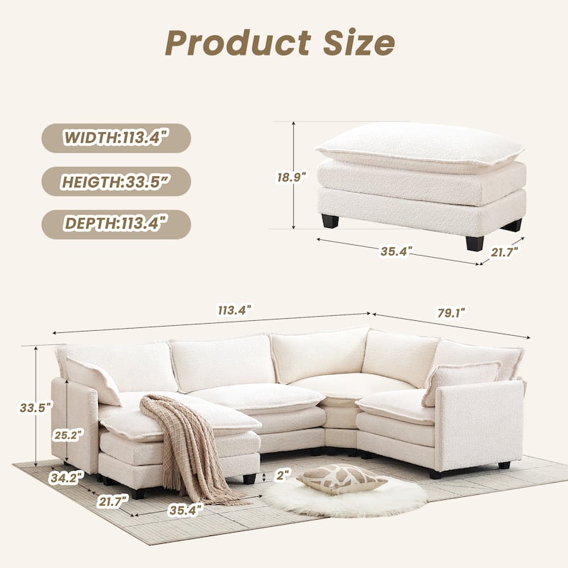 4-Seat Modular L-Shaped Corner Sectional Sofa with Ottoman, Soft Chenille Upholstery and Deep Seating for Living Room