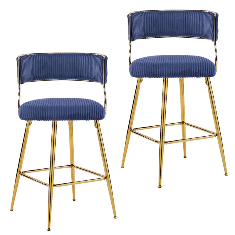 Set of 2 Modern Blue Corduroy Bar Stool with Curved Backrest and Gold Steel Frame for Indoor Use