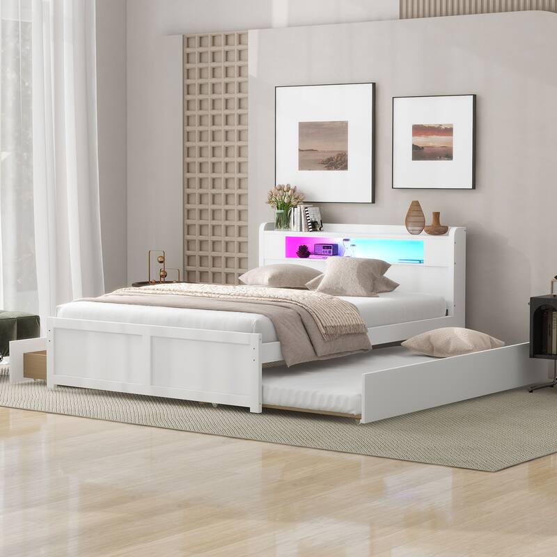 Queen Size Platform Bed with LED Headboard & 2 Drawers & Trundle - White - Queen