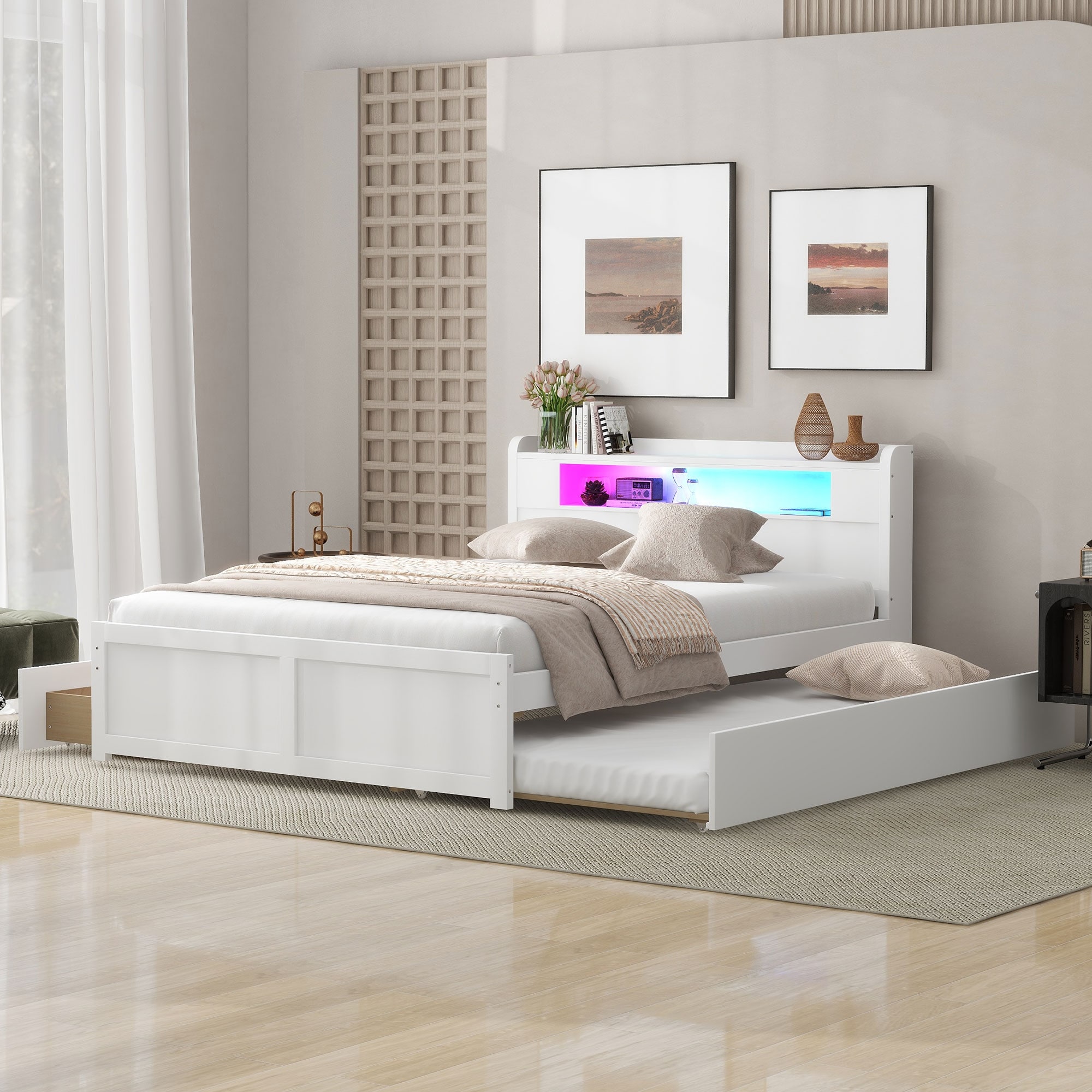 Queen Size Platform Bed with LED Headboard & 2 Drawers & Trundle