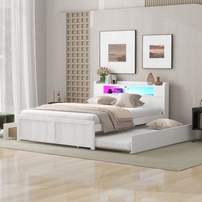 Queen Size Platform Bed with LED Lights & Trundle, Wood Storage Bed Frame with Headboard Shelf & 2 Drawers for Kids Teens Adults