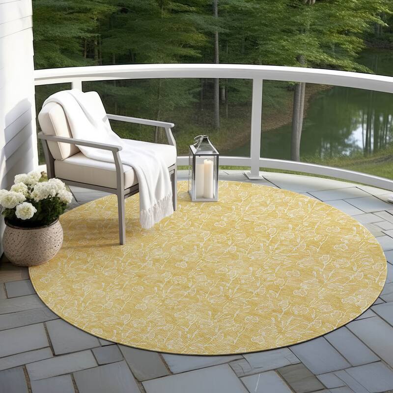 Machine Washable Indoor/ Outdoor Chantille Modern Floral Impressions Rug - Gold - 8' x 8'