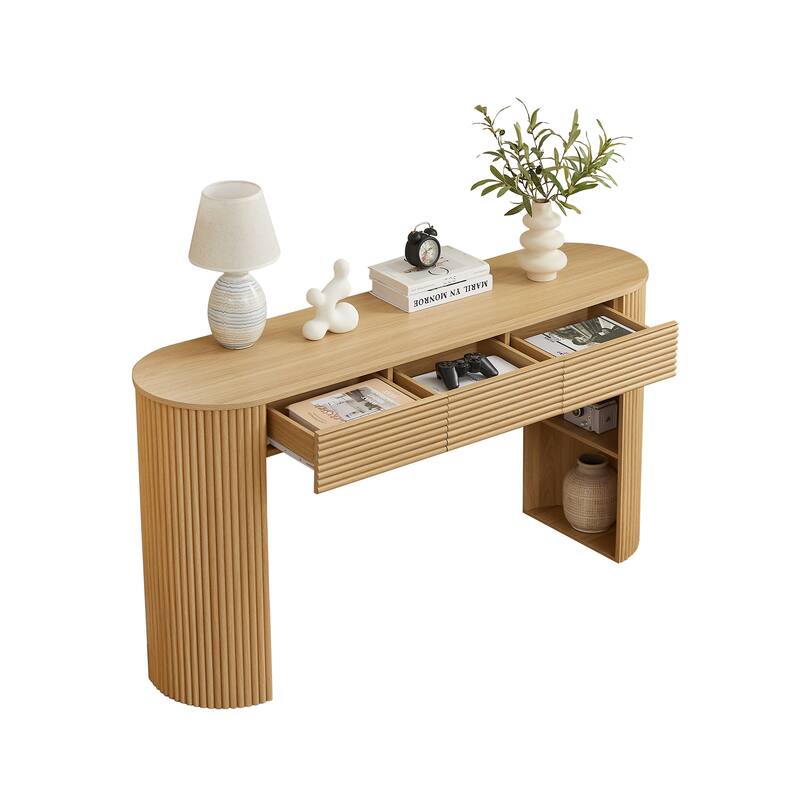 Retro Console Table with Storage, 3 Drawers, 1 Table-Leg Niche, Round Slat Aesthetic, Entryway, Living Room & Hallway