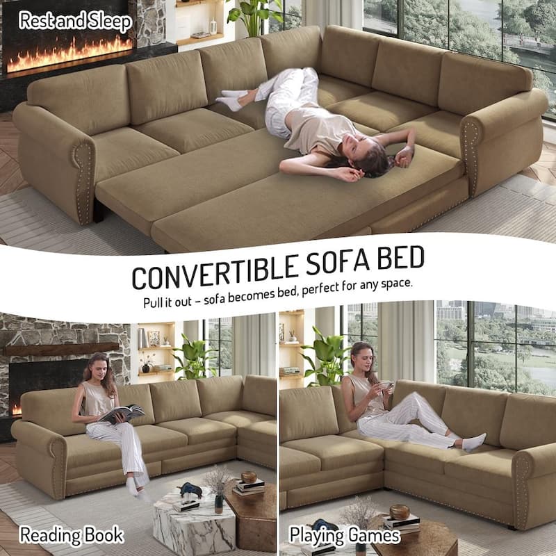 Homy Casa L-Shaped Sectional Sofa w/ Pull-Out Bed, Chenille Sleeper Couch w/ Nailhead Trim & Rolled Arm, Oversize