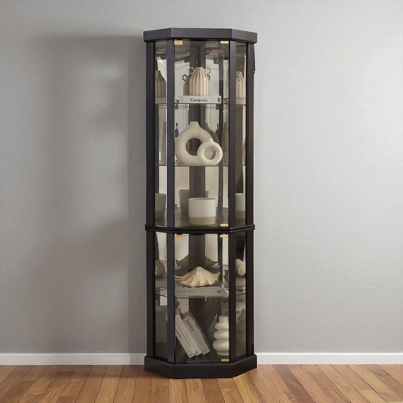 Lighted Corner Curio Cabinet with Glass Doors, Adjustable Shelves & Mirrored Back, Elegant Display Case for Wine - Black