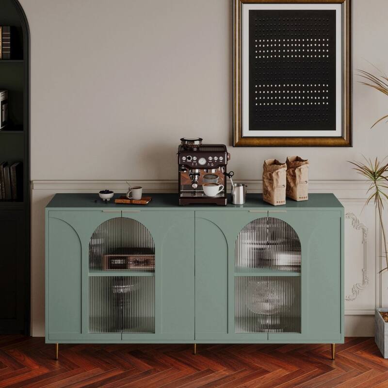 Accent Cabinet Lacquered Wooden Cabinet with 4 Glass Doors Sideboard Buffet Server Cabinet Storage Cabinet - Mint Green