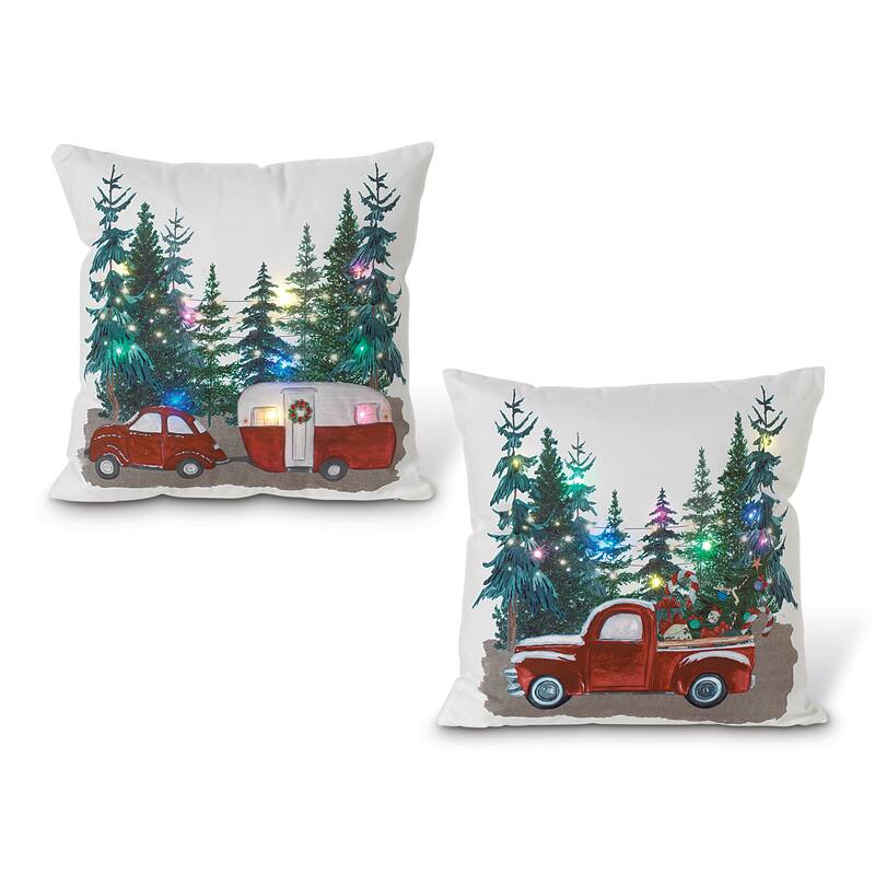 Set of 2 Lighted Faabric Red Truck Holiday Throw Pillows with Timer