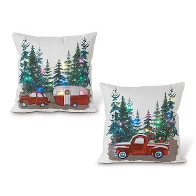 Set of 2 Lighted Faabric Red Truck Holiday Throw Pillows with Timer