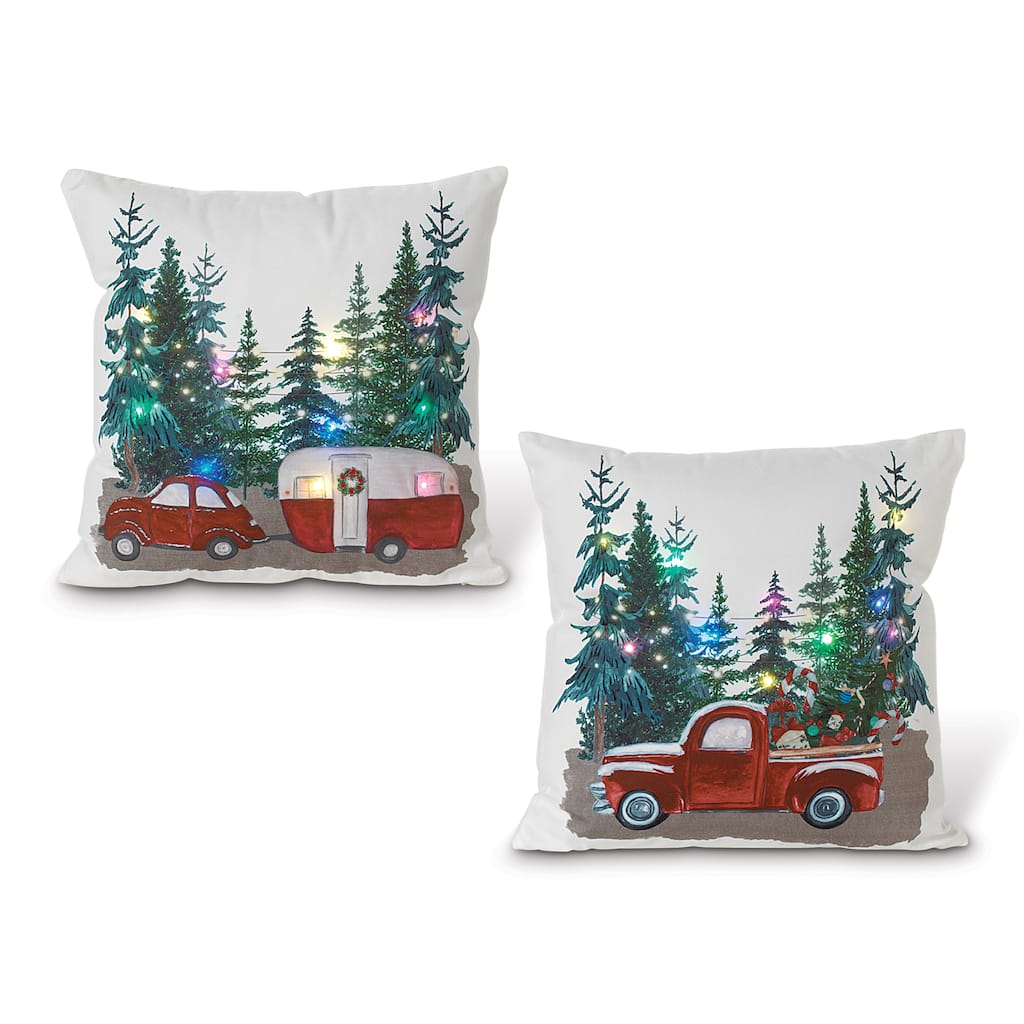 Set of 2 Lighted Faabric Red Truck Holiday Throw Pillows with Timer