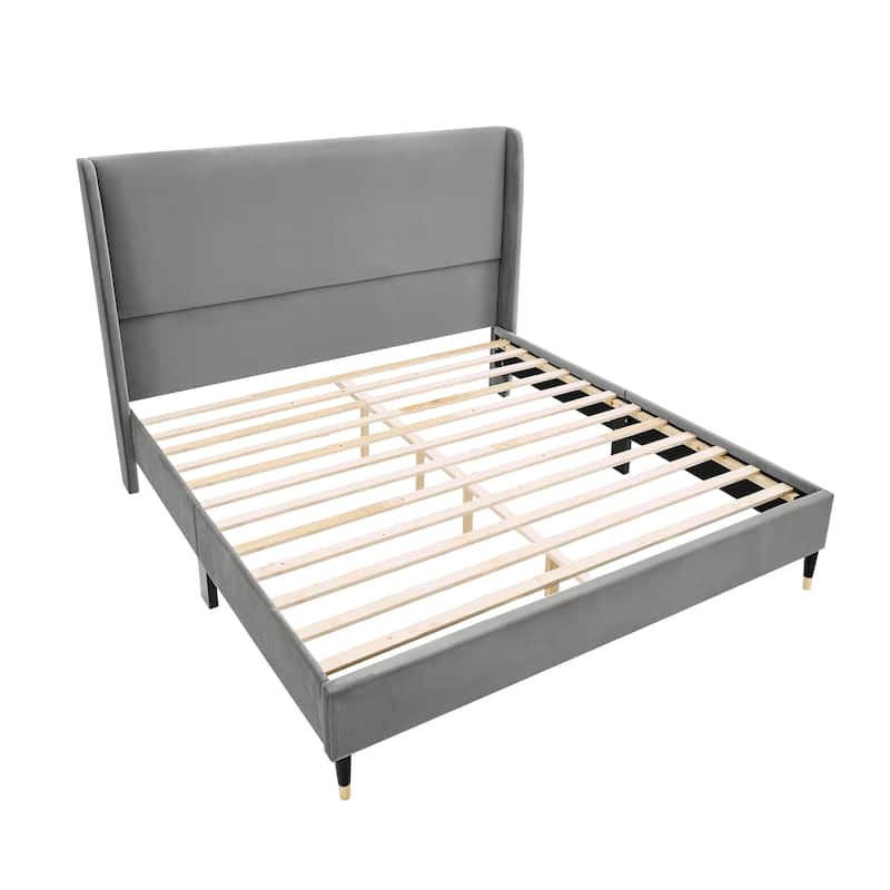 Queen Upholstered Platform Bed in Velvet with Wingback Headboard and Gold-Tipped Legs, Modern Low-Profile Design