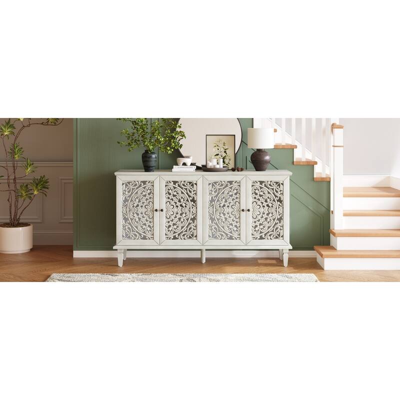 TV Stand Sideboard, Buffet Cabinet with Floral Carvings, Wood Storage Cabinet with Adjustable Shelves