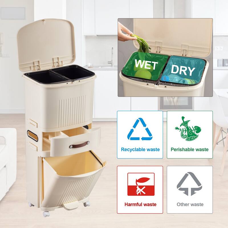 Javlergo Beige Trash Can with Dual Inner Bins Foot Peda lStorage Drawer and 4 Universal Wheels for Kitchen Bathroom Living Room