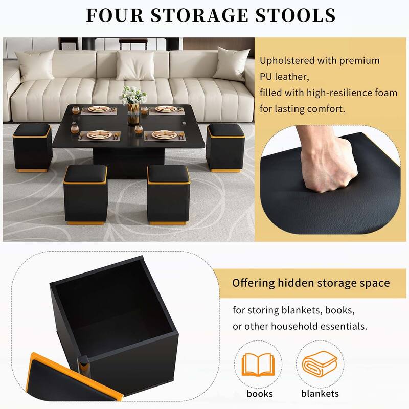 Lift-Top Coffee Table with 4 Storage Stools for Living Room