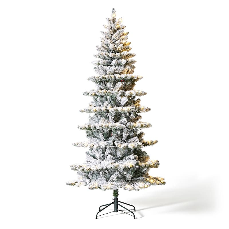 Glitzhome 6FT/7.5FT/9FT/11FT Snow Flocked Pre-lit Artificial Fir Christmas Trees