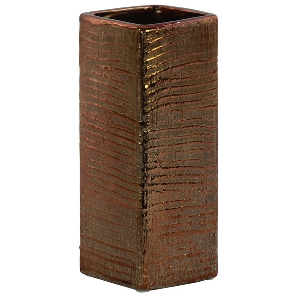 Ceramic Tall Square Ribbed Design Vase In Distressed Copper Finish