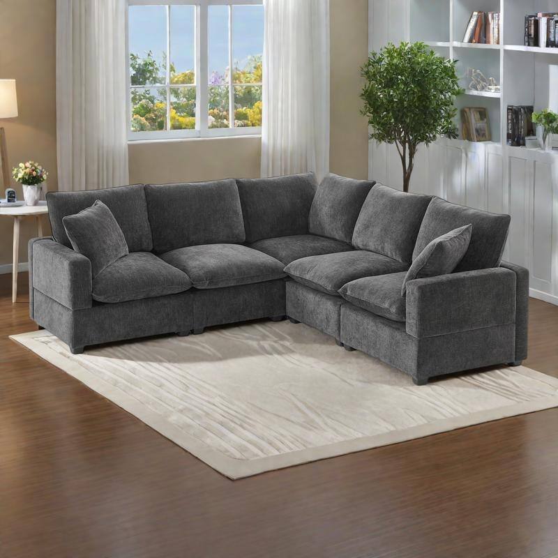 86" Chenille L-Shaped Modular Sofa with 2 Pillows, 5-Seater, 330lb Capacity