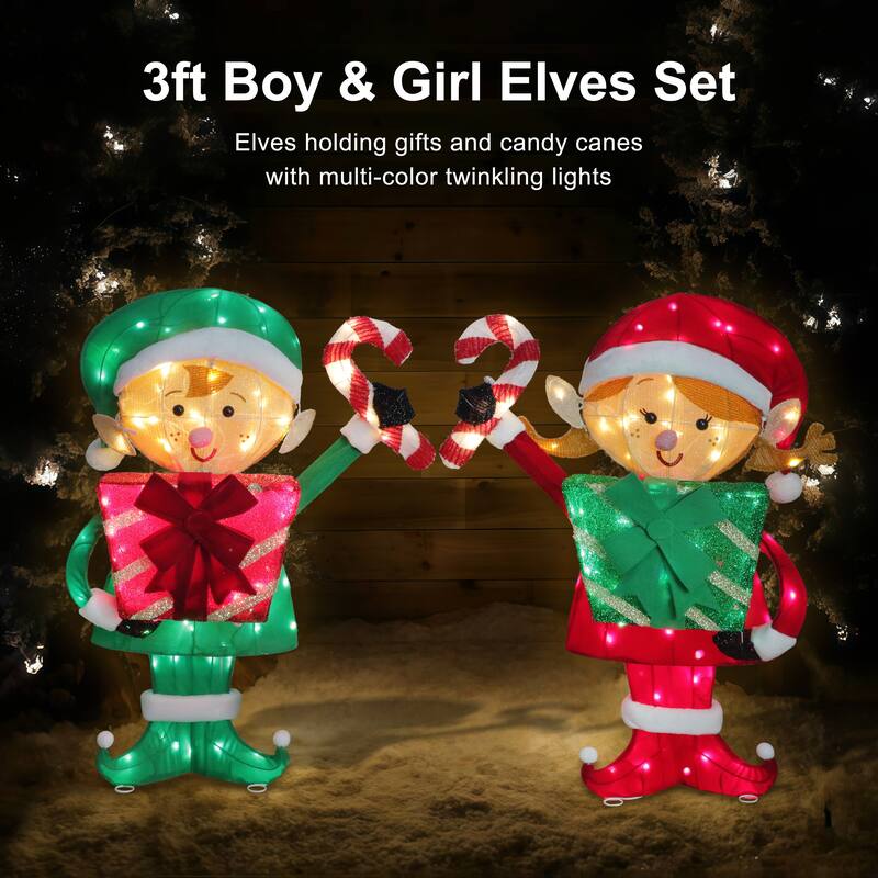 Puleo International Set of 2 Elf Couple with Gift Boxes and Candy Cane with 264 Multi-Color LED Lights - Red