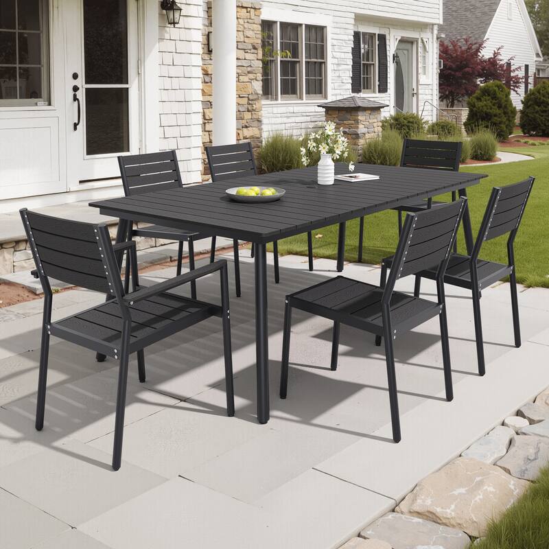 7-Piece Outdoor Patio Dining Set Wood-Like Table Top Alumium Umbrella Hole Table with Stackable Dining Chairs - Black