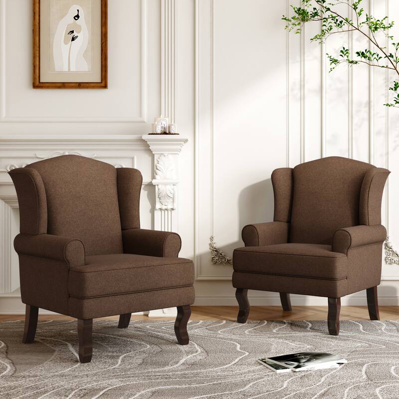 2 Set Traditional Rolled Arm Wing Back Accent Chair - Brown-Linen