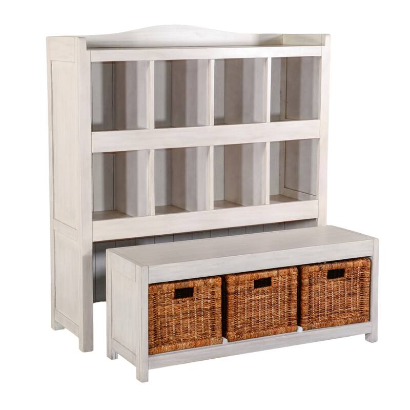 Bem Bookcase w Trundle Bench, 3 Woven Basket, 8 Cubbies, White 57 Inch