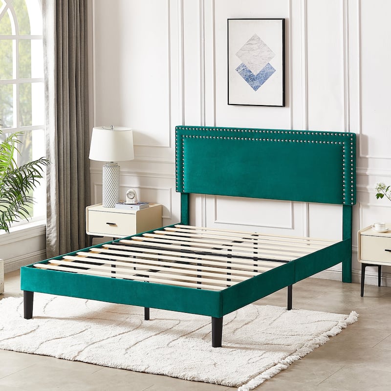 Upholstered Platform Bed Frame with Adjustable Headboard，Twin/Full/Queen Size Beds, Dark Green