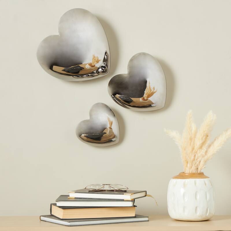 Ceramic Heart Slanted Home Wall Decor with Varying Sizes - Set of 3 Black, Gold, Silver, White - Roche River Decor