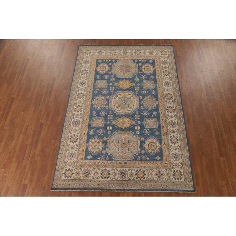 Blue Kazak Living Room Area Rug Handmade Wool Carpet - 6'8" x 9'9"