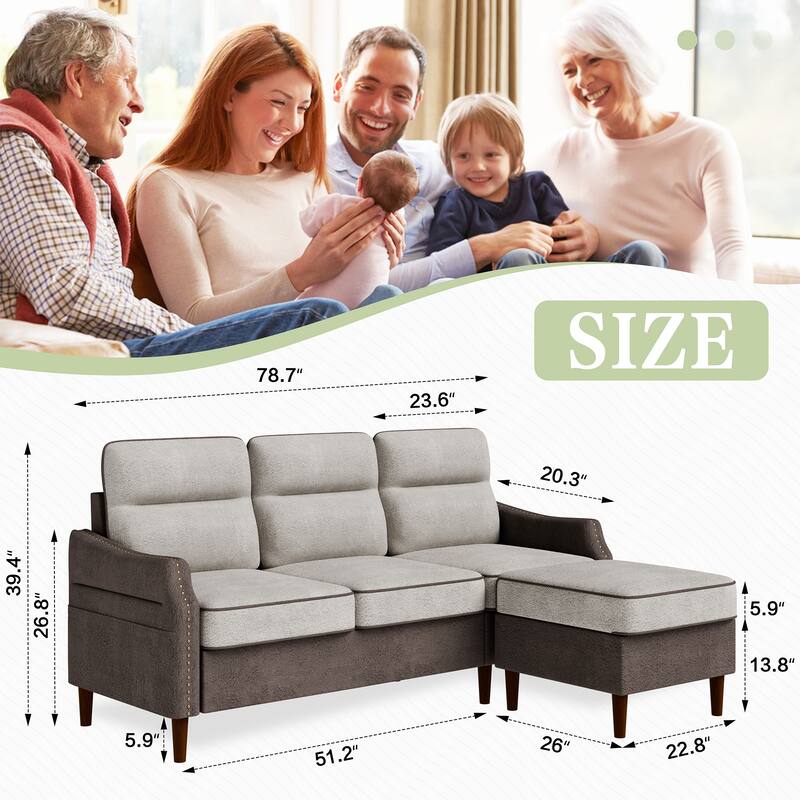Futzca 78” L Shaped Sofa Couch with Ottoman and Side Storage Bag