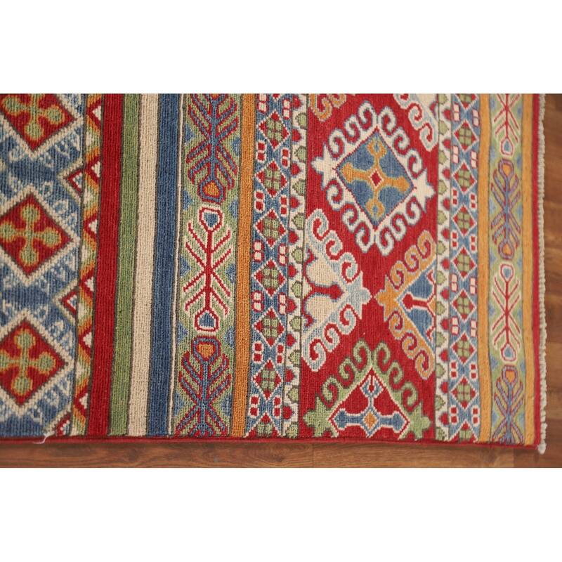 Hand Knotted Oriental 100% Wool Carpet Traditional Geometric Multi-Colored Kazak Runner Rug - 16' 0'' X 2' 5''