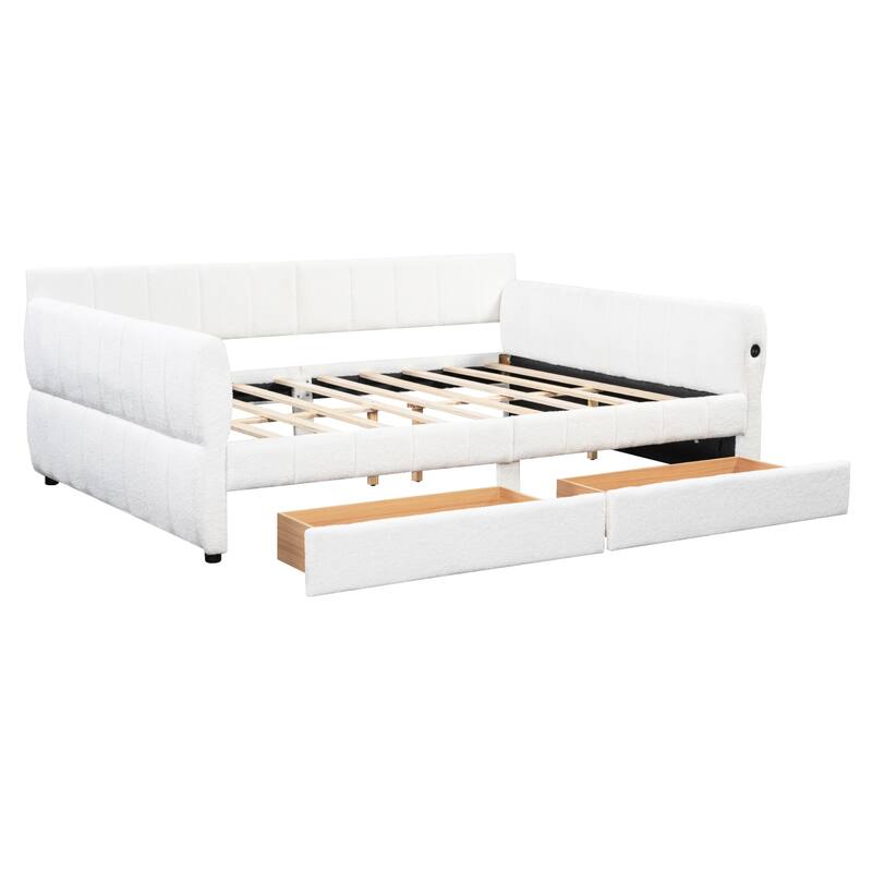 Queen Upholstered Platform Bed Frame with Lambswool Fabric, USB Charging Port, Side Storage Drawers, and Armrest Design