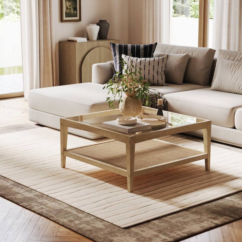 Hayes Glass Top Coffee Table with Solid Wood Frame and Rattan Bottom Shelf - Tempered Glass/Light Brown