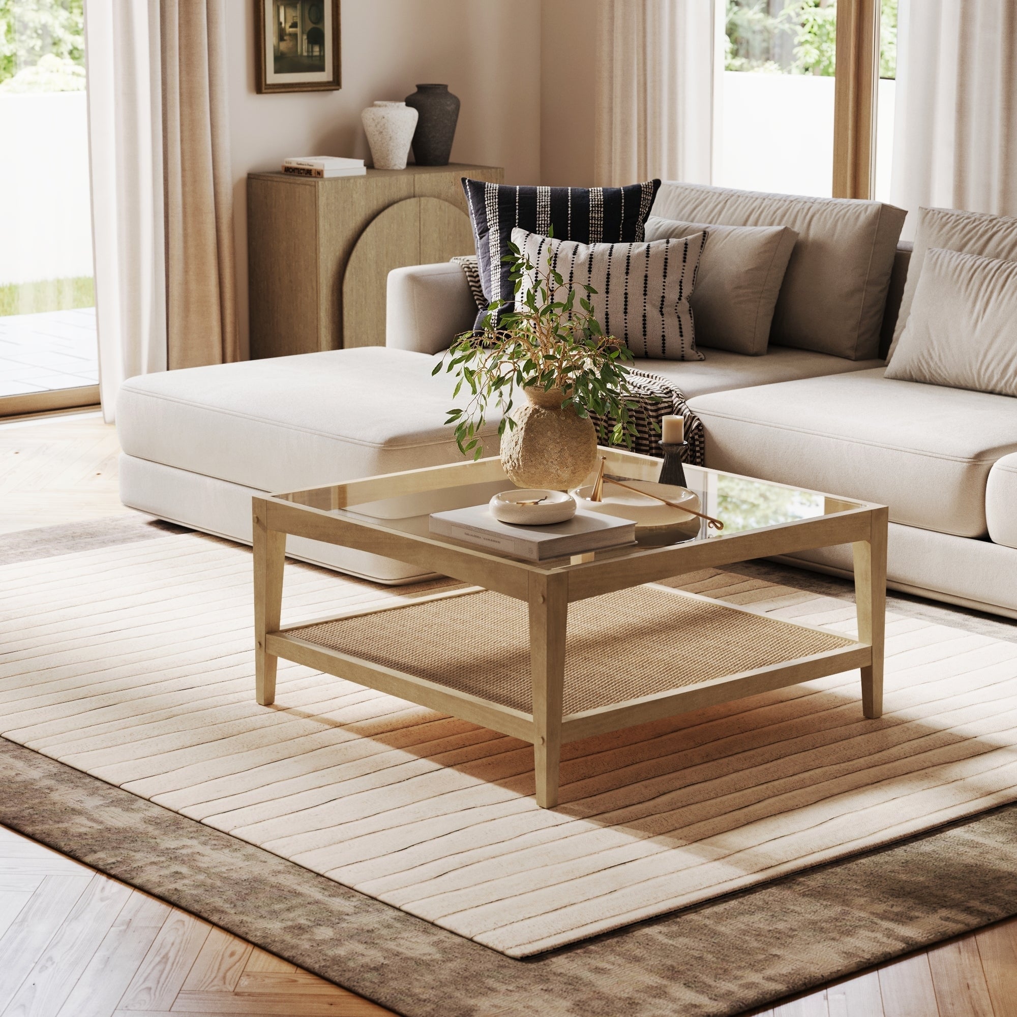 Hayes Glass Top Coffee Table with Solid Wood Frame and Rattan Bottom Shelf