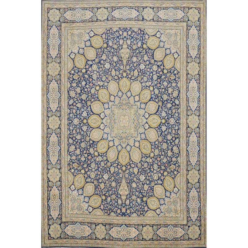 Hand Knotted Oriental 100% Wool Carpet Traditional Floral Navy Blue & Blues Kerman Area Rug - 13' 4'' X 10' 0''